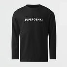 Black long-sleeve shirt with 'SUPER GENKI' text on a white background