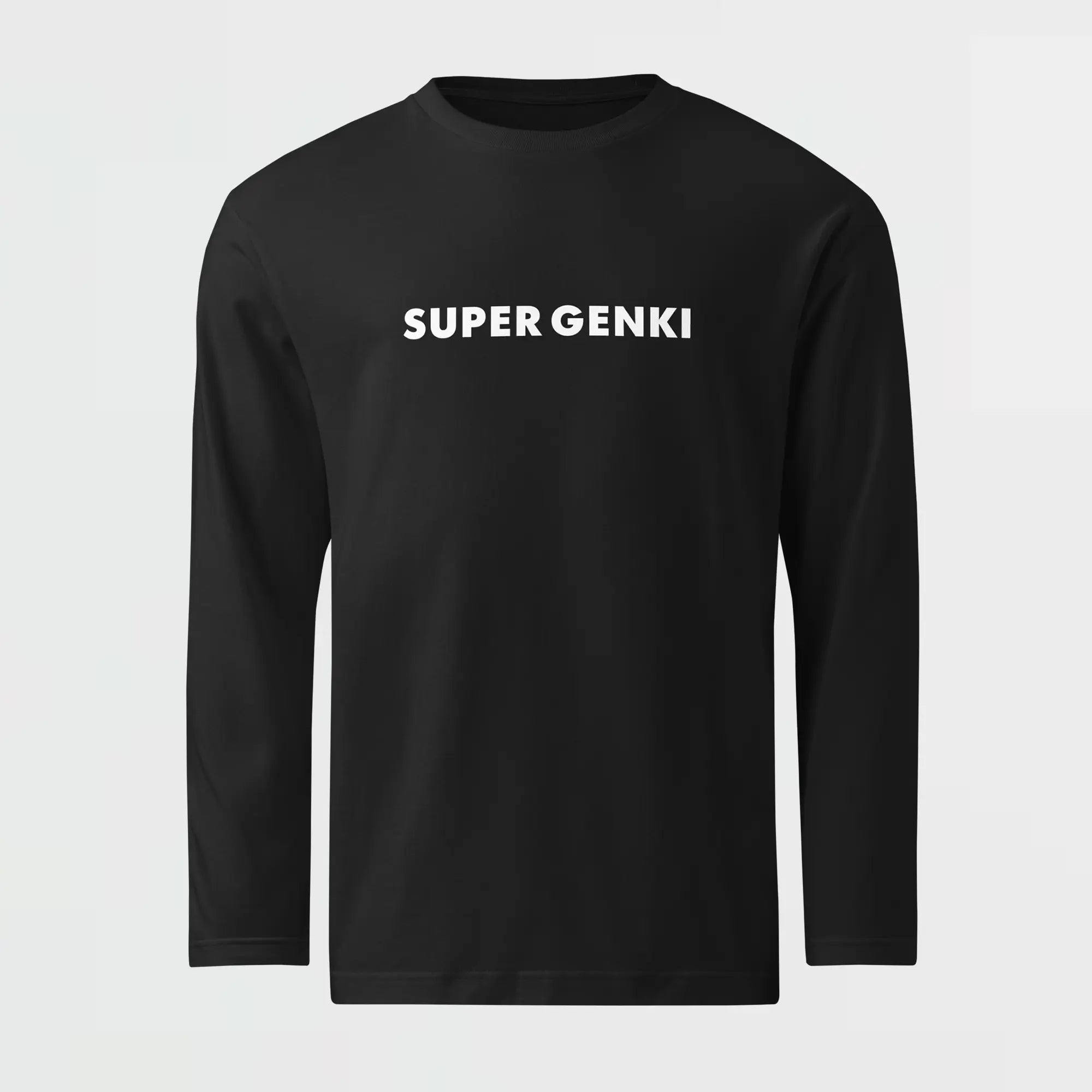 Black long-sleeve shirt with 'SUPER GENKI' text on a white background