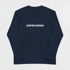 Navy long-sleeve shirt with 'SUPER GENKI' text on a light gray background