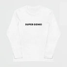 White long-sleeve shirt with 'SUPER GENKI' text on a white background