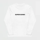 White long-sleeve shirt with 'SUPER GENKI' text on a white background