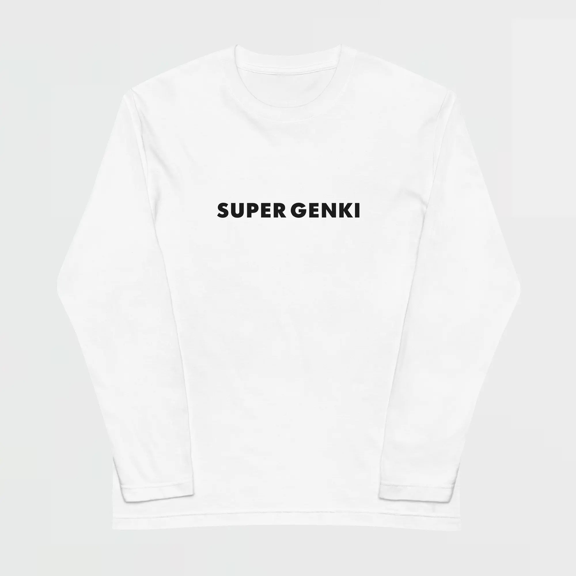 White long-sleeve shirt with 'SUPER GENKI' text on a white background